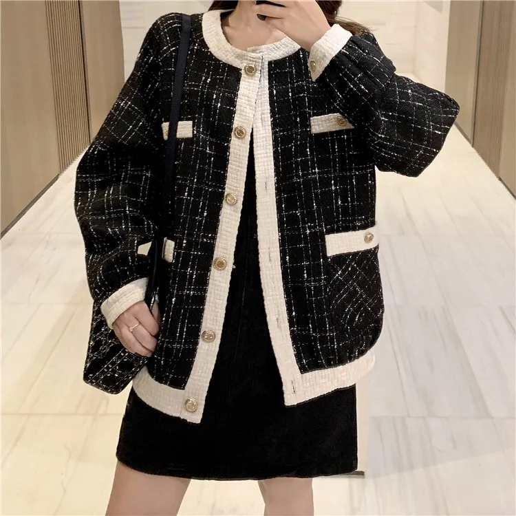 Cech tweed coat women clothes midi Elegant Slim Long Sleeve Plaid Coat Female Vintage jacket autumn winter coat ladies tops