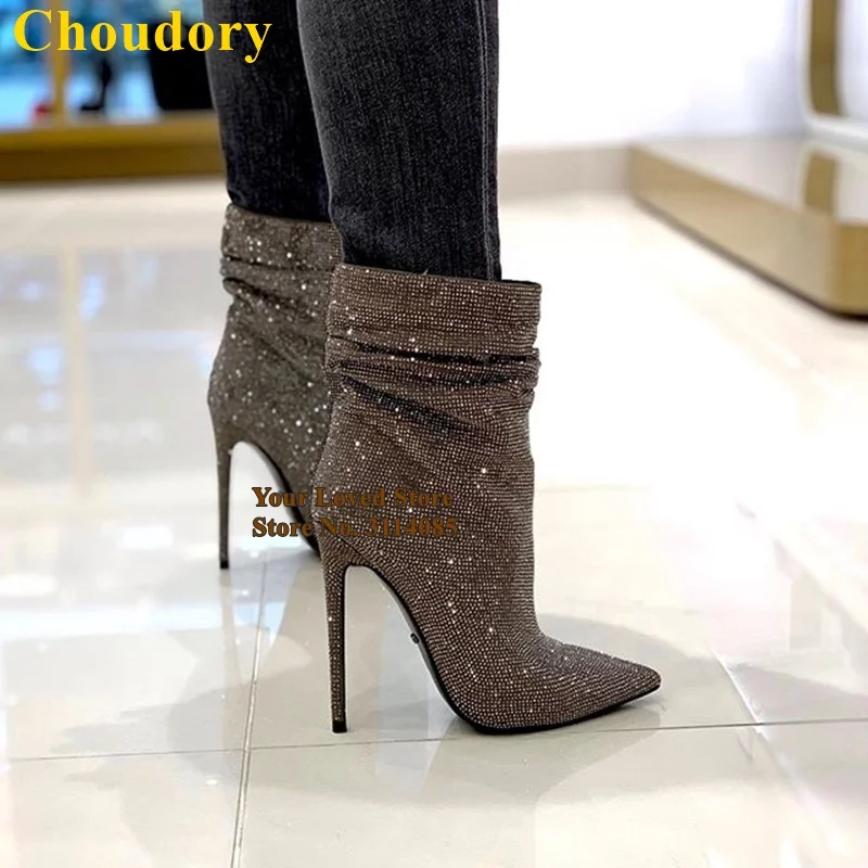 Шикарные блестящие ботильоны на шпильках Choudory плиссированные ботинки с острым