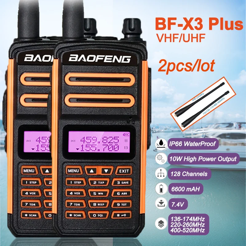 

2Pcs BaoFeng X3 IP66 Waterproof S5 Plus Long Distance Tri-Band Ham Radios High Power Walkie Talkies Handheld HF Transceiver
