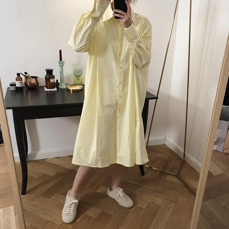 

Women Black Big Size Split Fork Dress New Lapel Neck Long Sleeve Loose Fit Fashion Tide Spring Autumn 2021 Z315
