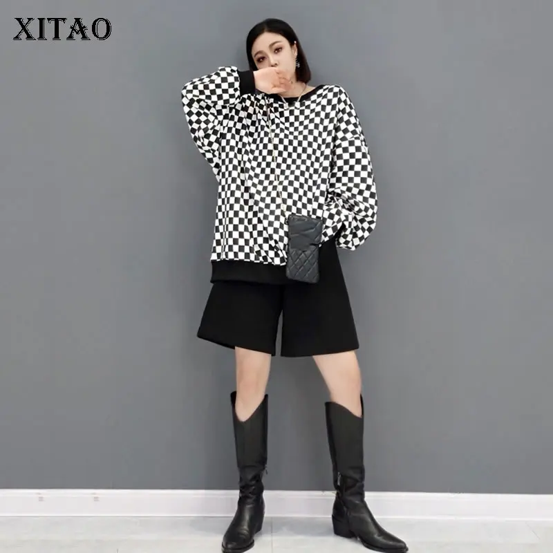 

Кофта женская XITAO, с круглым вырезом и длинными рукавами, в клетку, свободного покроя, в Корейском стиле, осень 2021