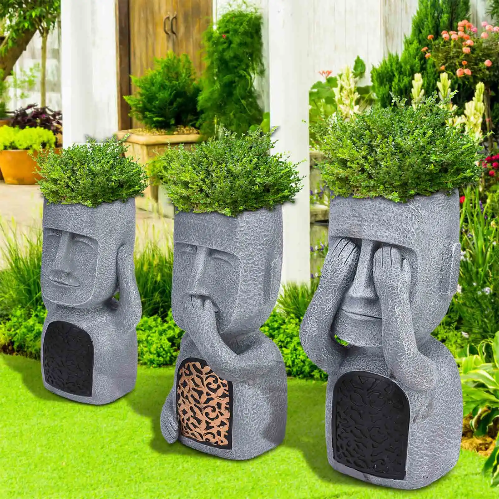 

Flower Pot Easter Island Statue dont Look/listen/Say shape Succulent cactus flowerpot Garden Planter Resin Decoration Flower Pot
