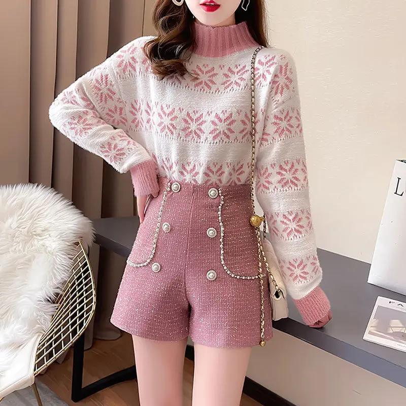 

2022 Women Autumn Winter Fashion Suits Female Print Knitted Sweater Tops + High Waist Loose Shorts Ladies Two Piece Sets A230