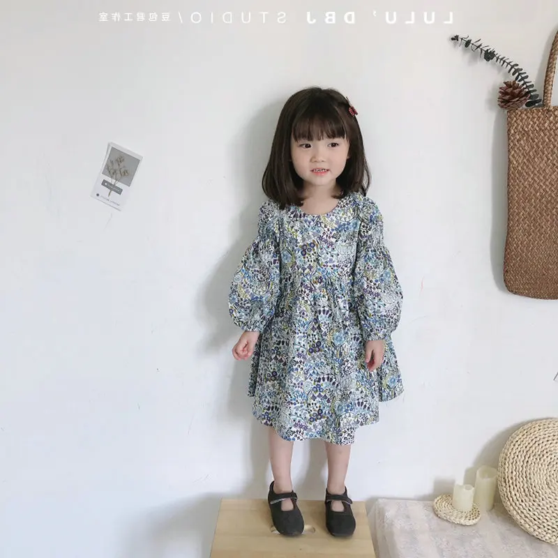 Весеннее модное платье принцессы с длинными рукавами и цветочным рисунком для