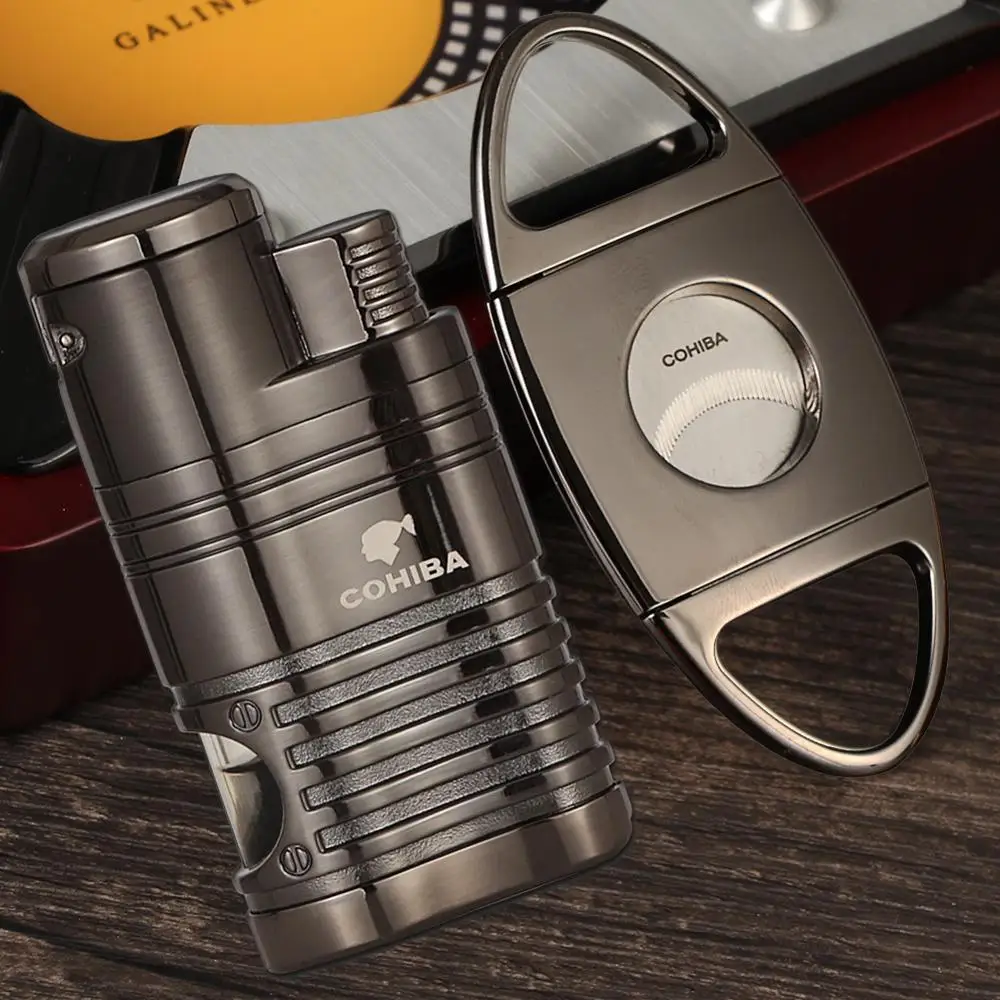 COHIBA сигарный набор металлическая коробка для Сигар Зажигалка газ-бутан ветрозащищенная 3 струйные Зажигалки W/удар из нержавеющей стали Острый сигарный нож