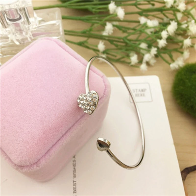 

2021 Hot New Fashion Adjustable Crystal Double Heart Bow Bilezik Cuff Opening Bracelet For Women Jewelry Gift Mujer Pulseras 7g