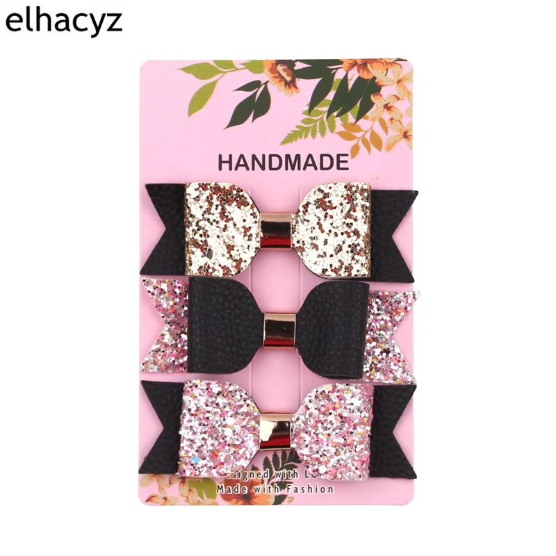 

3pcs/set Girls Glitter Hair Bow Clip Rose Gold Sparkly Leather Barrette Gift Hairpin Women Party Headwear Kids Hair Accessories