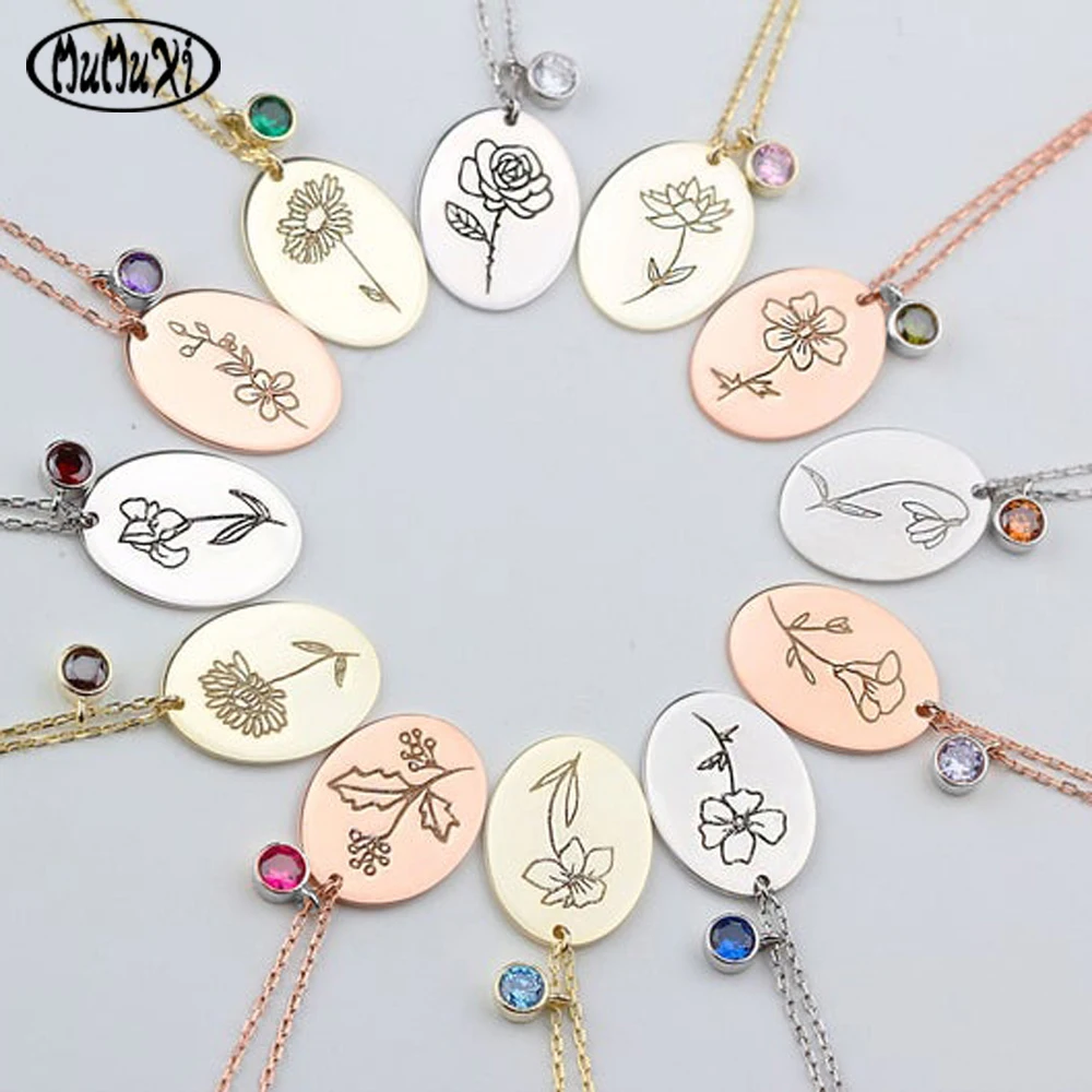 

Personality Birthstone Pendant Women Necklace Carved Birth Flower Round Charm Stainless Steel Customized Jewelry Birthday Gift