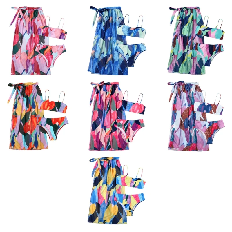 

Women Sexy 3pcs Bikini Set Colorful Graphic Printed Tube Top Bra Triangle Bottom Swimsuit with Tie Waist Beach Skirt Cover M7DD