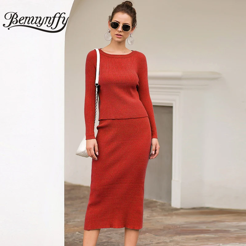 Benuynffy элегантный однотонный вязаный женский комплект с круглым вырезом и длинным