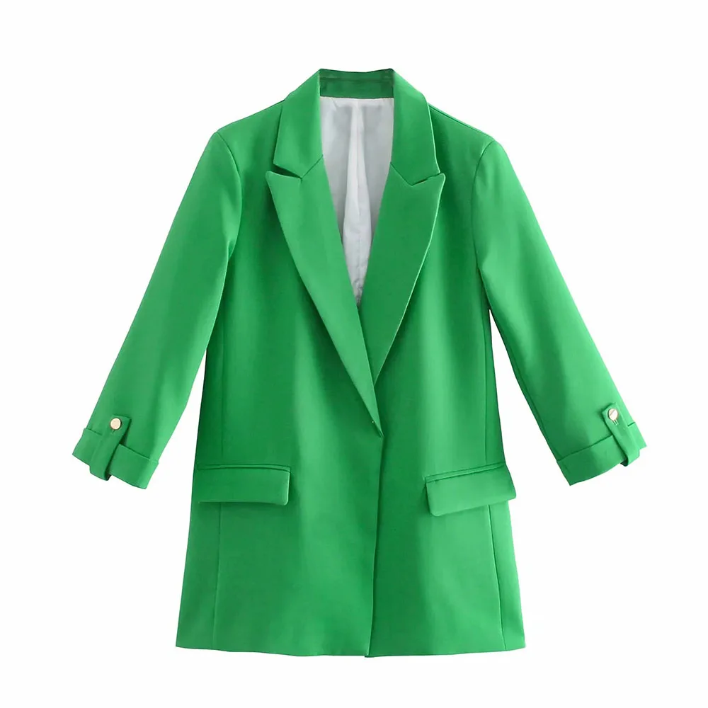 

BBWM 2021 Women Elegant Solid Notched Roll Sleeved Suit Female Vintage Office Lady No Buckle Blazer Casual Fashion Chic Tops