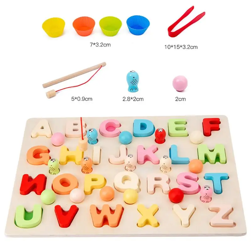 

3 in 1 Baby Montessori Educational Toys Wooden Fishing Counting Numbers Alphabet Magnetic Puzzle Matching Games