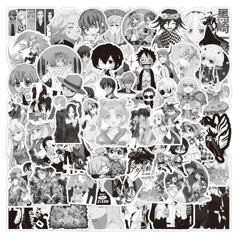 

10/30/50 PCS New Mixed Black And white Anime Graffiti Waterproof Sticker Computer Cup Guitar Suitcase Motorcycle Phone Notebook