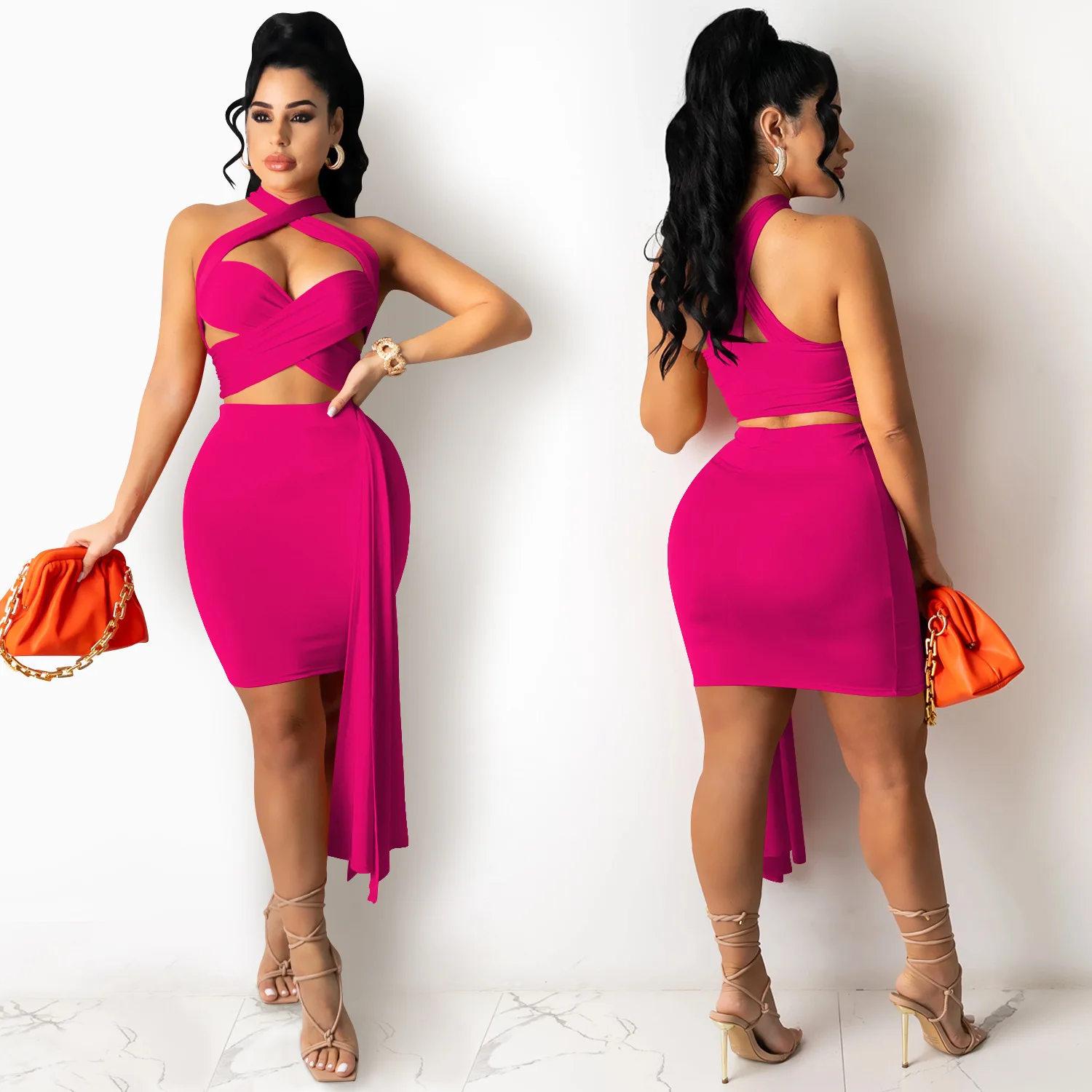 

New Sexy Bandage Wrapped Chest Women's Two-piece Skirts Set