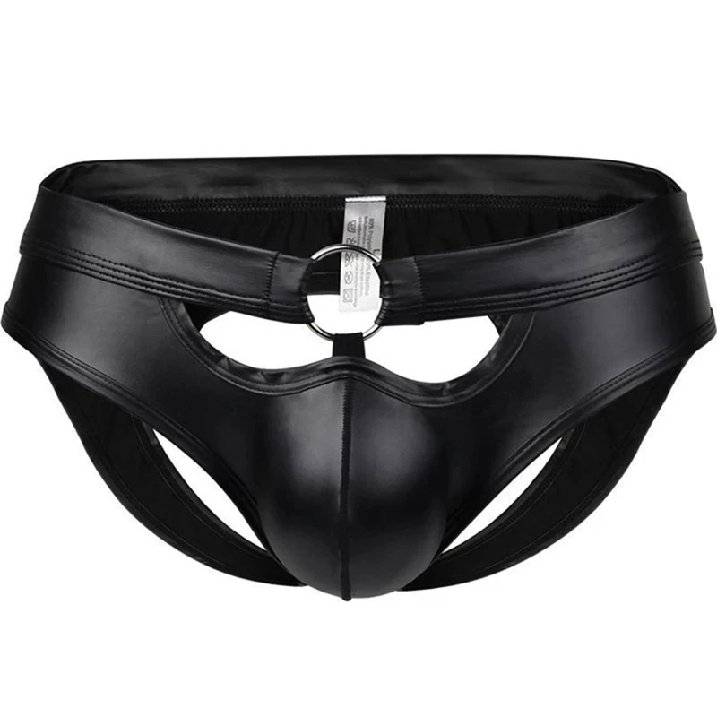 

Sexy Men's Black Faux Leather Underwear Mini Briefs Male Elastic Underpants Gay Men Metal Ring Panties Lingerie Calzoncillos