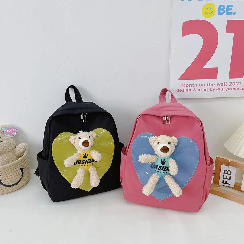 

New 2021 Casual Nylon Cute Love Heart Bear Doll Contrast Color Small Backpacks For Children Girls School Bags Knapsack Handbags