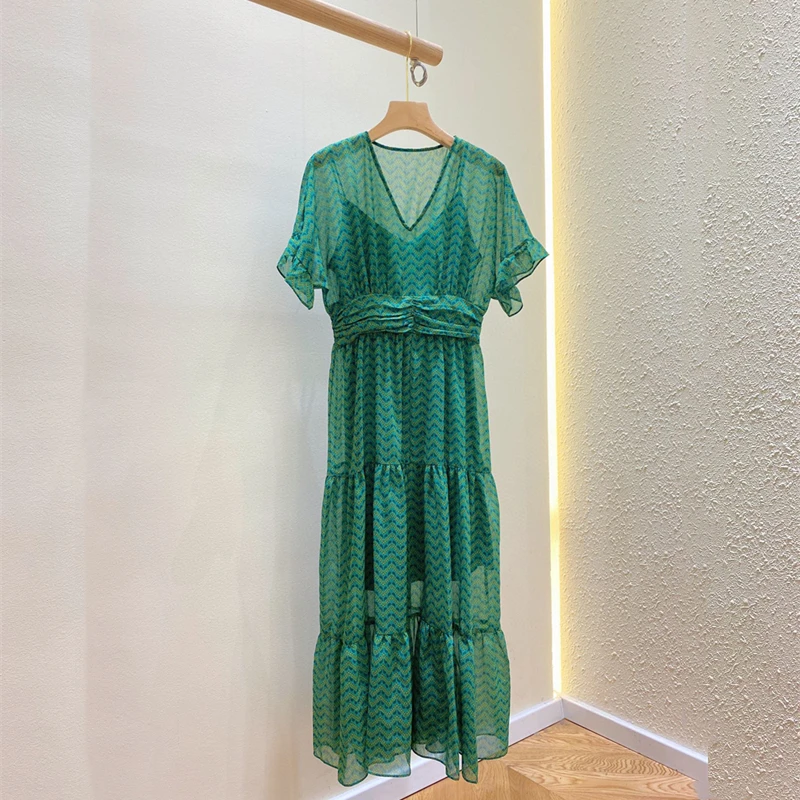 

Women Fashion Summer Long Dress Green Geometric Print V Neck Mid Calf 2 Pieces Dress Waist Fitted Cool Bohemia Vestidos