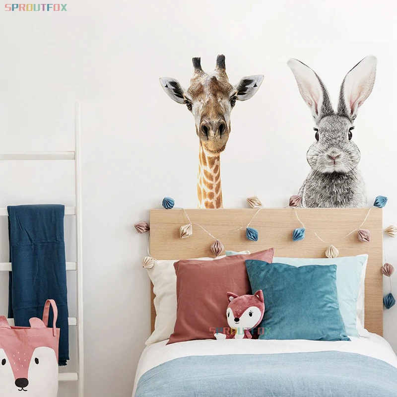 Мультяшные милые наклейки на стену с животными девочка кролик олень Лев собака
