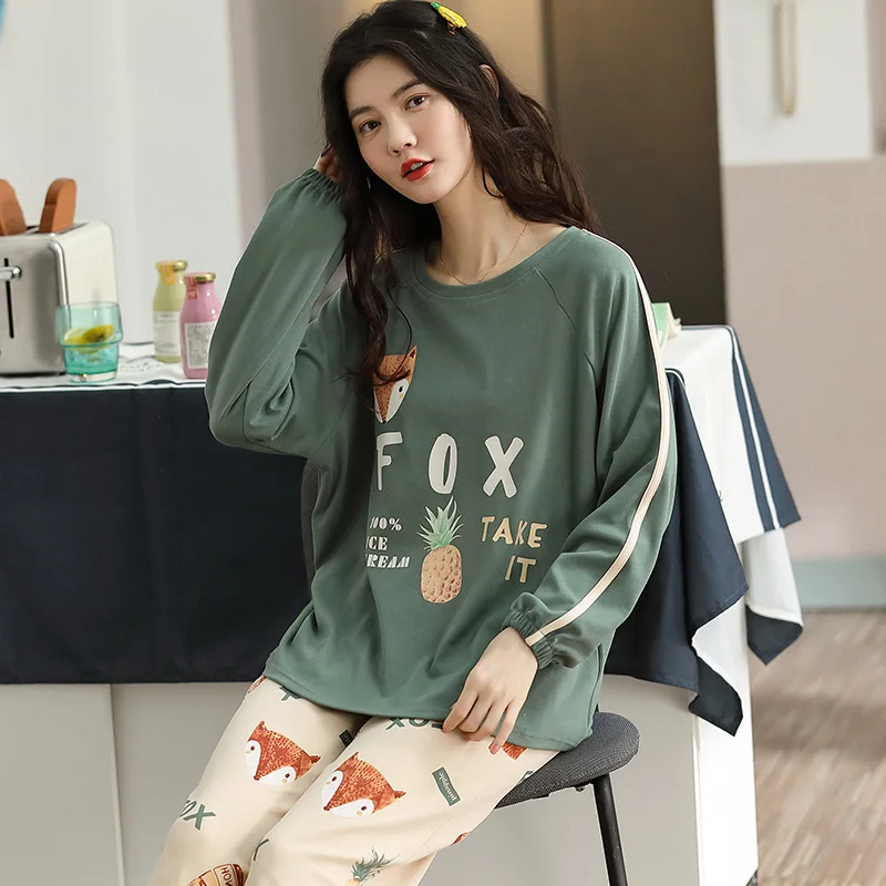 

Women's Pajamas Set Cute Fox Cartoon Sleepwear Women Cotton Long Sleeve Pijama Casual Homewear Pyjamas Wholesale