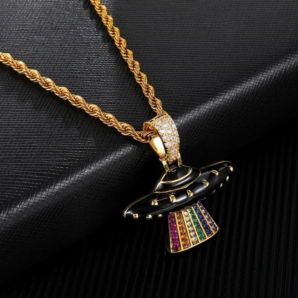 Men/Women Hip hop UFO airship Pendant Necklaces with AAA Zircon tennis chain Hiphop iced out bling Necklace fashion jewelry | Украшения и