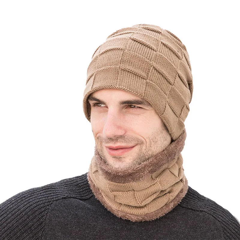 khaki3 Комплект из 2 предметов, повседневная шапка+ шарф, модный мужской комплект, новинка, зимние теплые вязаные плотные шапки с черепом и мягкие плюшевые шерстяные шарфы - Цвет: khaki3