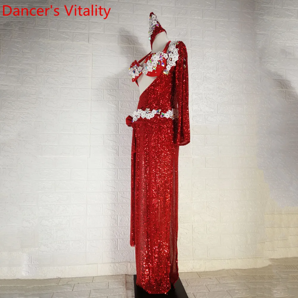 Women Belly Dance Group Performance Costume Bra Belt Headband Sequin Single Sleeve Robe Drum Oriental Indian Dancing Stage Wear |