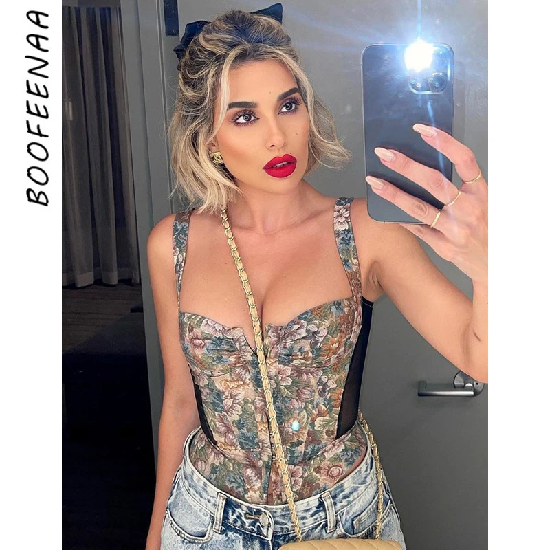 

BOOFEENAA винтажный корсет с цветочным принтом, топ, сексуальная модная женская одежда, квадратный вырез, сетчатые Лоскутные майки, женская одеж...