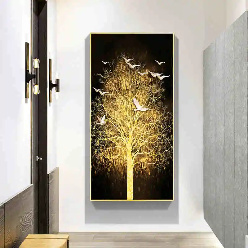 Абстрактная Картина на холсте с изображением золотого дерева и белой птицы