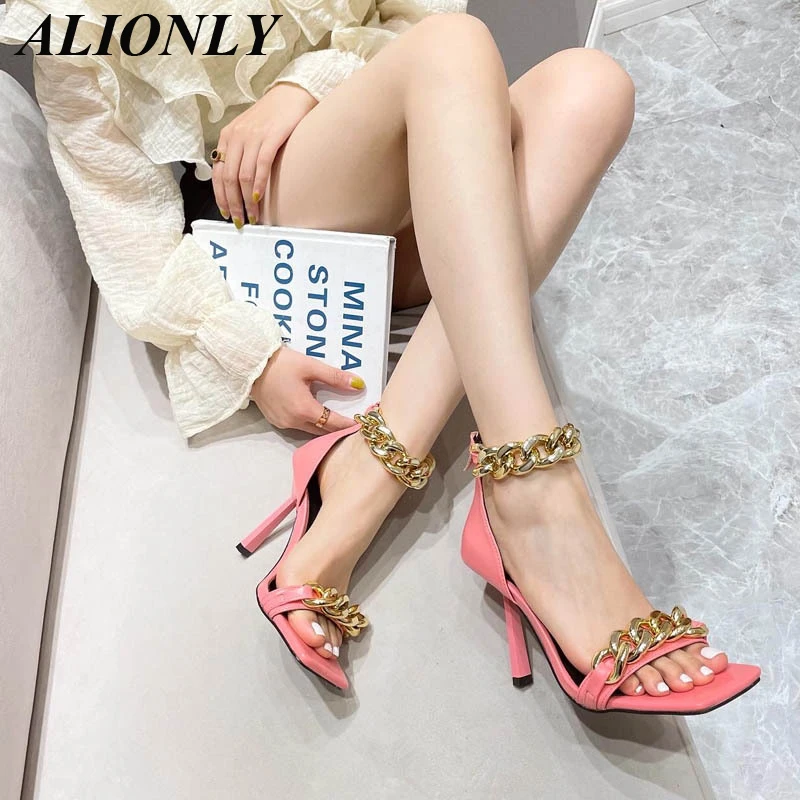 

ALIONLY Metal Decoration Chain Heel Party Sandals for Women 2022 Summer Square Toe Narrow Ankle Strap High Heels Sandals Shoes