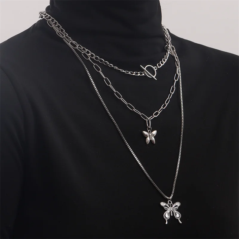 

2022 Fashion Multi-layer Layer Butterfly Cross Angel Pendant Grunge Metal Chain Necklace for Women Punk Cool Guy Jewelry
