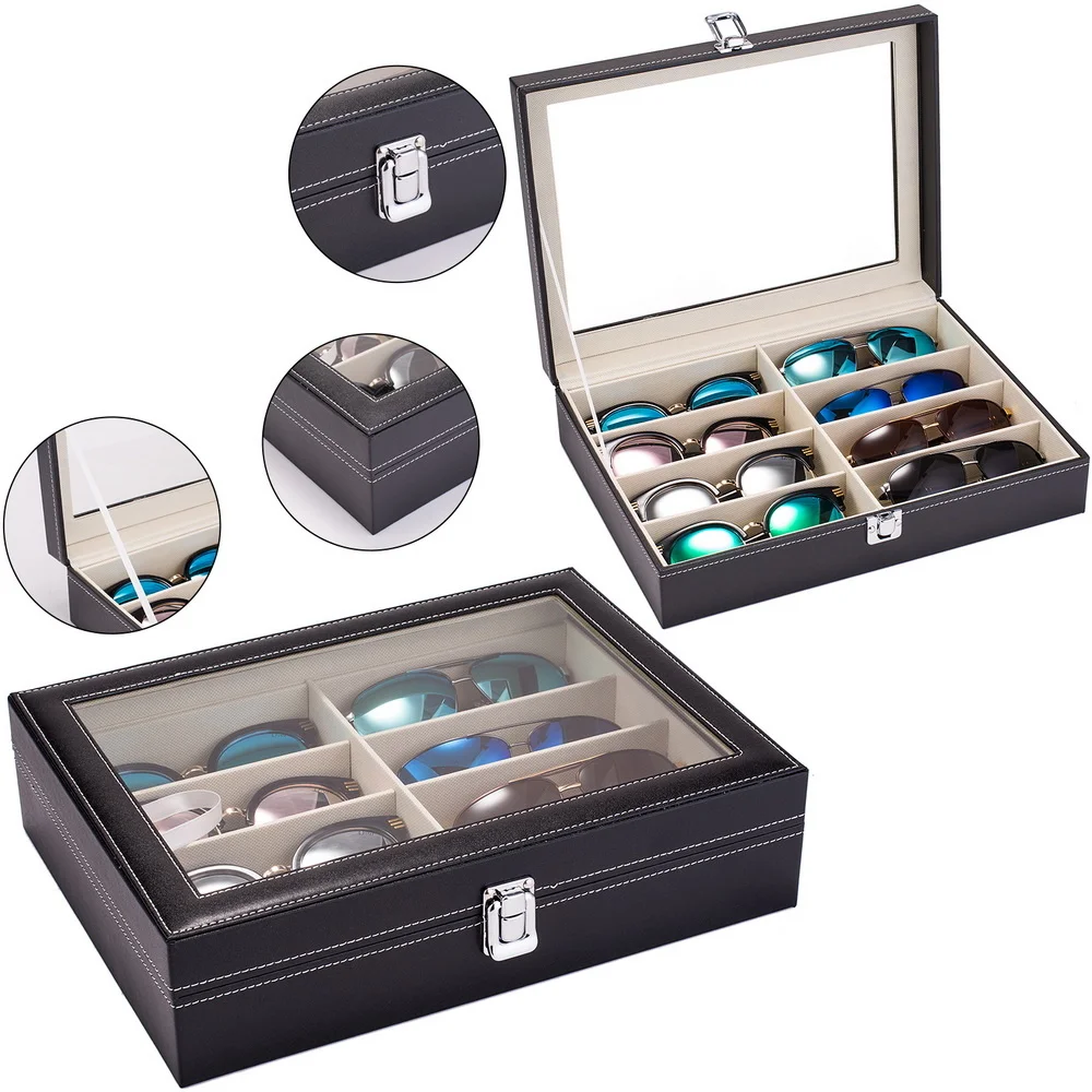 

Многофункциональный кожаный футляр для хранения солнцезащитных очков, органайзер, коллекция чехлов с 8 отделениями для женщин и мужчин, чер...