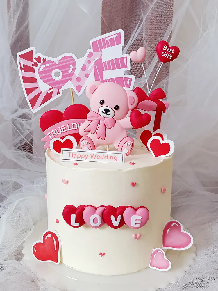 

Engagement Decoration Cake Topper Pink Bear Love Confession Proposal Baking Dessert Table Plugin Happy Wedding Party Supplies