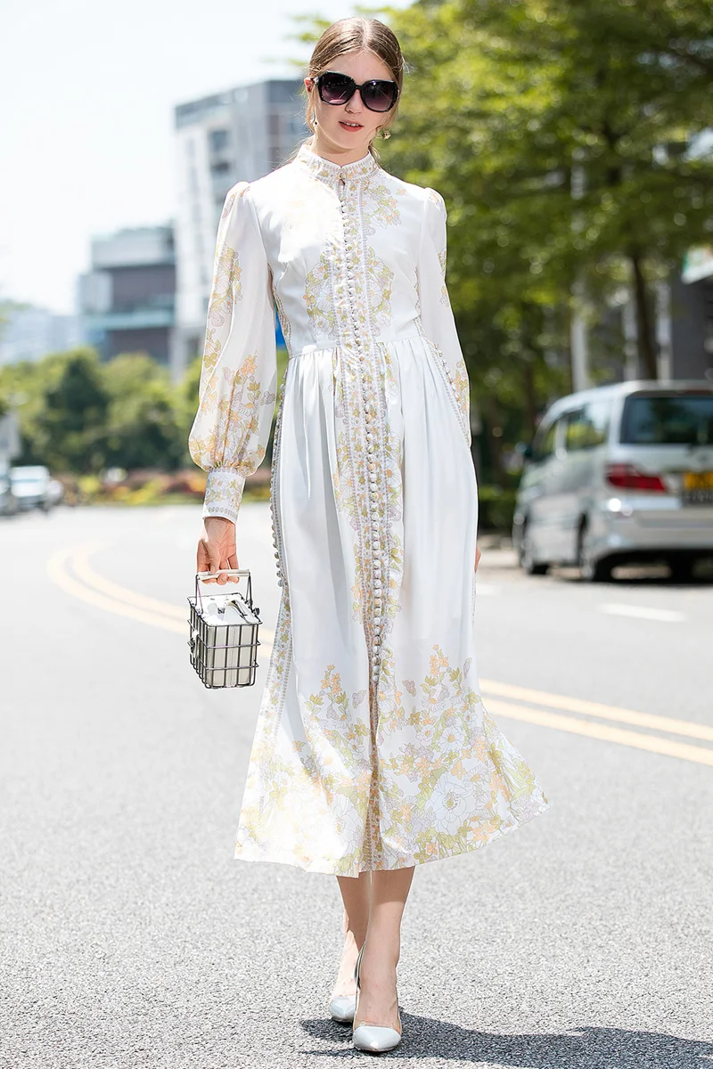 

Long Dress High Quality Spring Autumn New Women'S Fashion Party Casual Vacation Beach Boho Vintage Elegant Flower Print Dresses