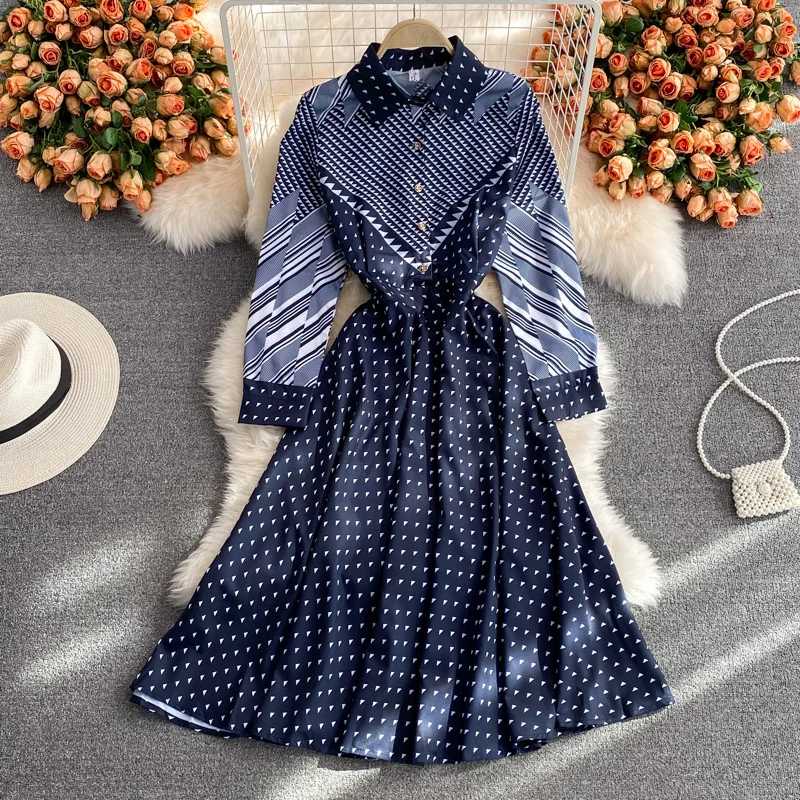 

Женское длинное платье-рубашка с принтом, элегантное вечернее длинное платье составного кроя с широкой юбкой и длинным рукавом, весна-осень...