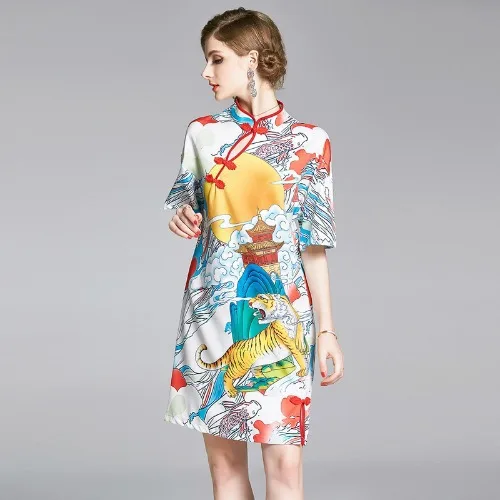 

Summer Chinese Style Women's Short Sleeve Printed High Waist Cheongsam Vintage Formal Tiger Print Young Elegant Lady Dresses