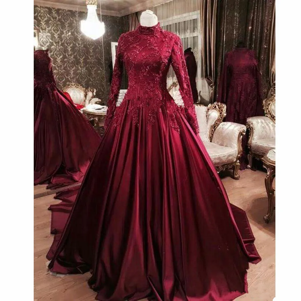 

Burgundy Lace Stain wedding Dresses with Long Sleeve 2021 Muslim Kaftan Caftan Abaya Aubai Arabic Plus Size wedding Gown