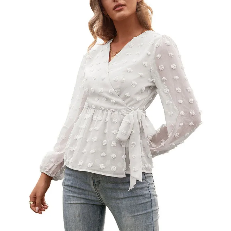 

Autumn and spring ong sleeve Solid color T-shirt with jacquard bandage and V-Neck puff sleeve top Female Crop Top Ladies Shirt