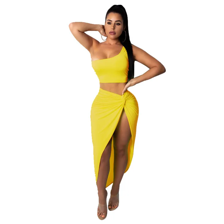 

Plus Size Women Pleated Solid Color Skirt Casual Suit Two Piece Suit Asymmetrical Skirt Solid Summer Sexy Club Sleeveless 2021
