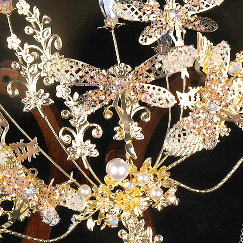 Ажурный китайский винтажный свадебный веер-букет Золотая круглая Веерная