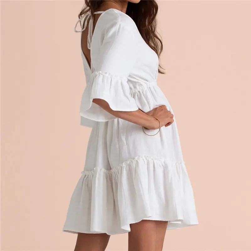 Женское летнее пляжное платье-мини с V-образным вырезом и Расклешенным рукавом |