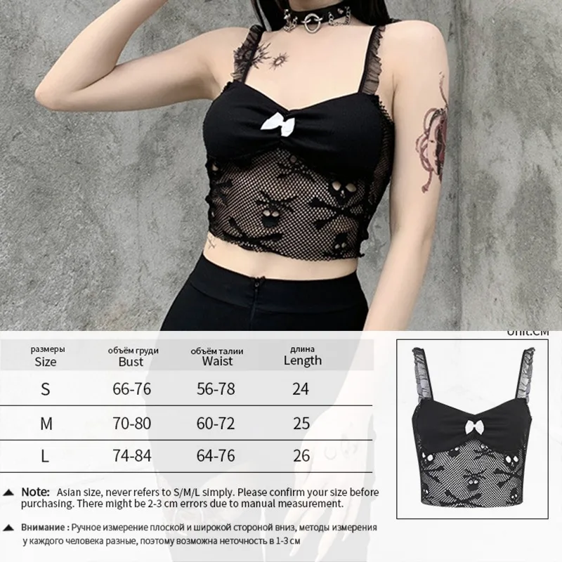 

Goth Dark Gothic Skull Graphic Black Camis Sexy Mesh Patchwork Short Bodycon Backless Crop Tops Women Sleeveless Clubwear