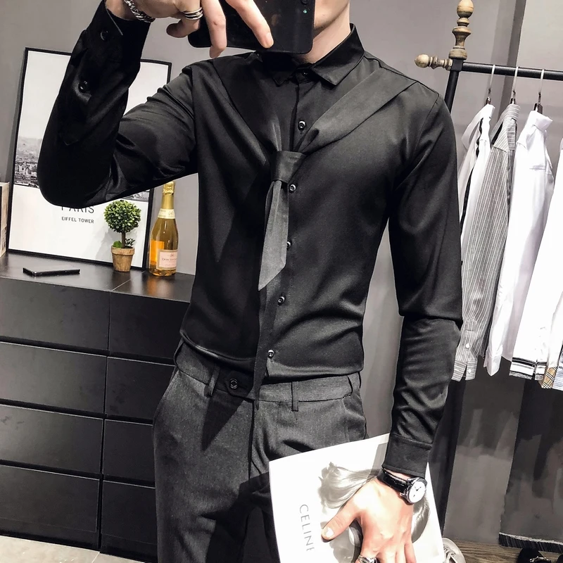 Fashion Solid Shirts for Men Long Sleeve Streetwear Chemise Homme Tie Decoration Slim Fit Casual Shirt Party Men Clothing Camisa