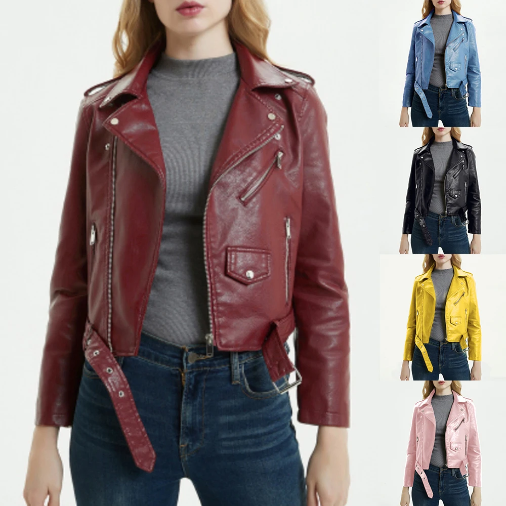 

Fashion Faux Leather Jackets Women Autunm Winter Black Blue Fake Lady PU Zipper Pocket Motorcycle Outerwear Coat Belt