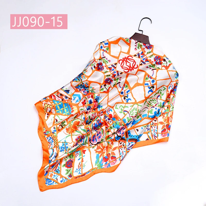 JJ090-15 90*90 см квадратный шарф для женщин, подходит ко всему, элегантные цветочные шарфы для волос, Женская бандана, весна-осень, атласные шелковые шарфы, шаль - Цвет: JJ090-15