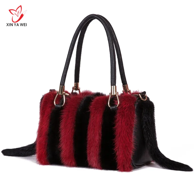 Winter Handbags Women Handbags Luxury Designer 2018 New Genuine Leather Handbags Womens Red Bags For Shoulder Mink Fur Bag