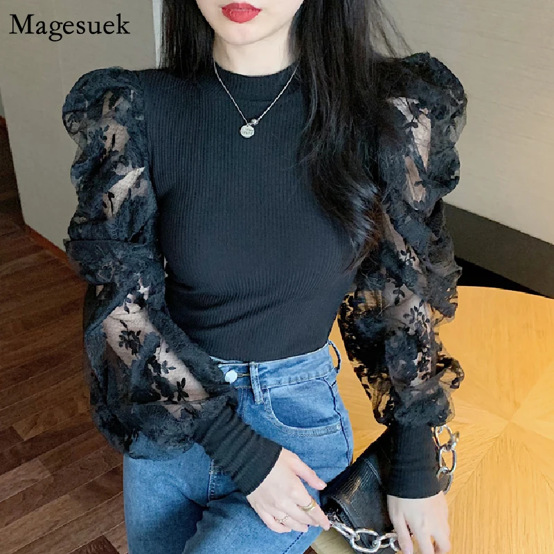 Vintage Puff Sleeve Lace Women Shirt Office Camisas Mujer Spring New Female Blouse Slim Stand Collar Woman Blouses Tops 12330 | Женская