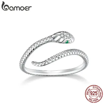 Bamoer 925 스털링 실버 백금 도금 조절 가능 반지, 녹색 지르콘 레트로 텍스처, 뱀 반지, 패션 주얼리, 4 가지 색상