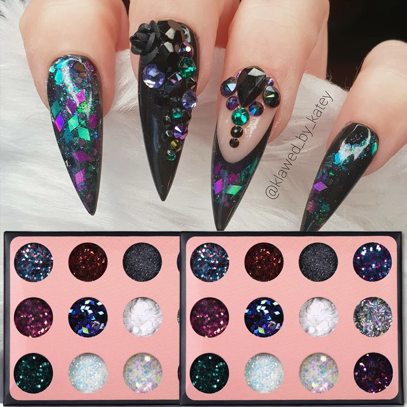 12Pcs/Set Colorful Nail Sequins Glitter Red Blue Black Star Art Powder Pigment Chorme Decoration | Красота и здоровье