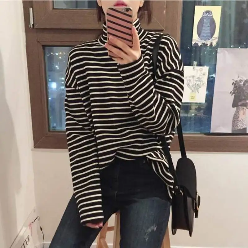 2020 spring autumn Women t shirt Harajuku Simple stripes tshirt long sleeve Turtle neck slim T-Shirts Femme black white Top Tees | Женская