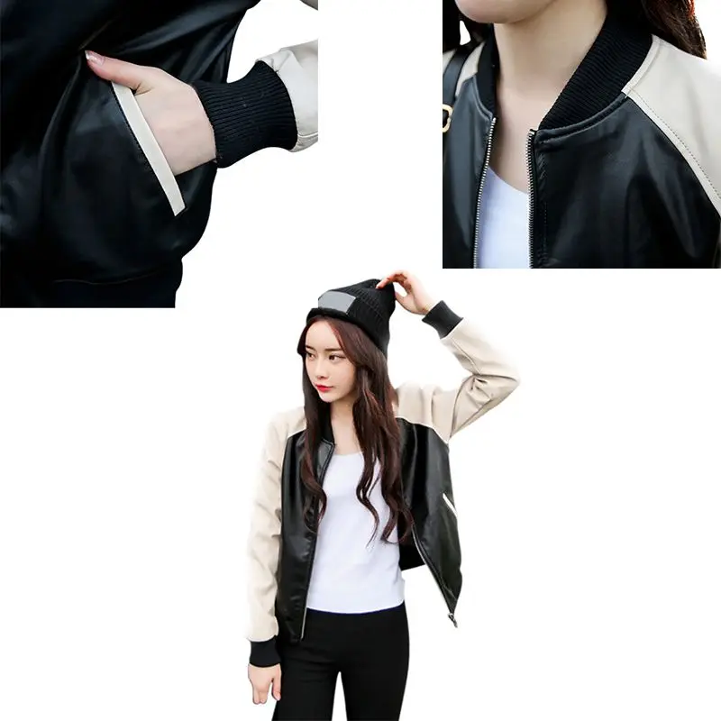 

Women Sexy Loose Wild Cardigan Jacket Girl Leather Long Sleeve Slim Round Collar Suit